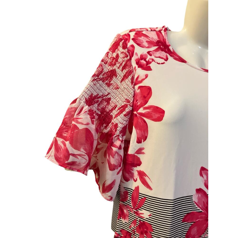 Calvin Klein Women's Pink/Blk/White Floral Striped Flutter Sleeve Bouse | Size M - Picture 3 of 11